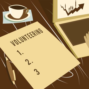 Hand writing sign Volunteering, Conceptual photo Provide services for no financial gain Willingly Oblige Laptop Resting Beside Coffee Mug And Plain Sheet Showing Work Process.