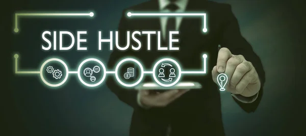 Text sign showing Side Hustle, Word Written on way make some extra cash that allows you flexibility to pursue Businessman in suit holding open palm symbolizing successful teamwork.