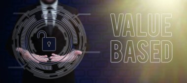 Text showing inspiration Value Based, Business idea Considering the product worth in satisfying the customer Businessman in suit holding open palm symbolizing successful teamwork.