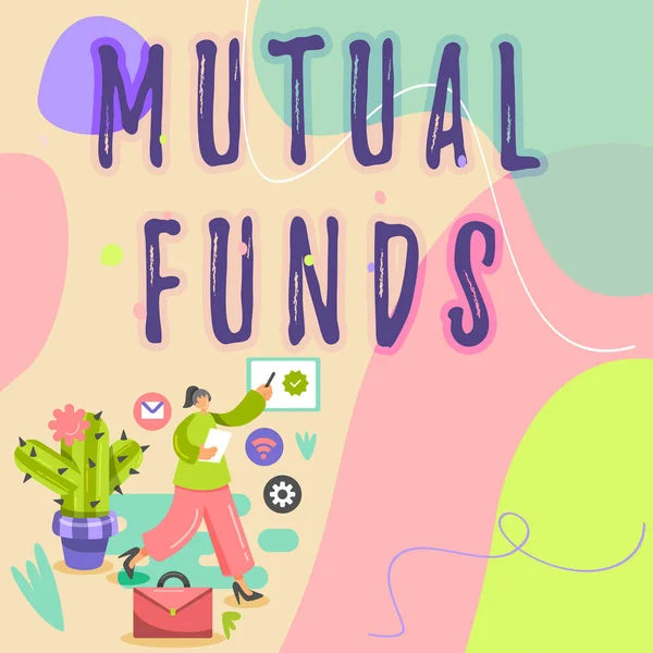 Text sign showing Mutual Funds, Concept meaning An investment program funded by shareholders Individual Stocks Businesswoman Drawing Pointing Verification Symbol On Screen.