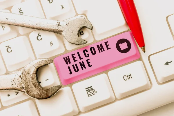 Handwriting text Welcome June, Business overview Calendar Sixth Month Second Quarter Thirty days Greetings -48633