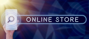 Text showing inspiration Online Store, Business idea A website that offers items for sale and accept credit cards Woman With Cellphone Displaying Digital Search Bar And Strategies.