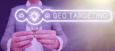Conceptual display Geo Targeting, Business showcase Digital Ads Views IP Address Adwords Campaigns Location Woman Holding A Light Bulb Image In A Graphic Design Showing New Concepts.