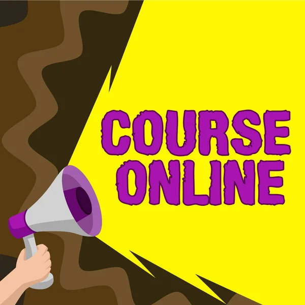 Text sign showing Course Online, Business showcase eLearning Electronic Education Distant Study Digital Class Man Holding Megaphone And Presenting Important Informations.