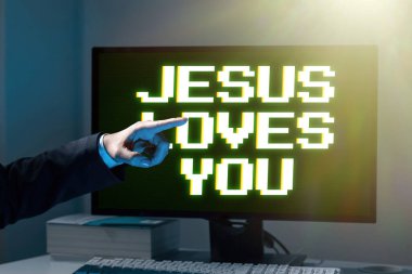 Sign displaying Jesus Loves You, Business approach Believe in the Lord To have faith religious person Businesswoman Pointing With One Finger On Important Message.