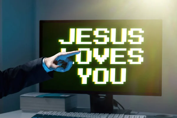 Sign displaying Jesus Loves You, Business approach Believe in the Lord To have faith religious person Businesswoman Pointing With One Finger On Important Message.