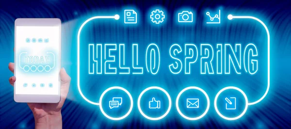 Conceptual display Hello Spring, Business showcase Welcoming the season after the winter Blossoming of flowers Businessman Holding A Tablet With Glowing Digital S In A Futuristic Frame.