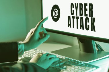 Conceptual display Cyber Attack, Conceptual photo An attempt by hackers to Damage Destroy a Computer System Woman Typing Updates On Lap Top And Pointing New Ideas With One Finger.