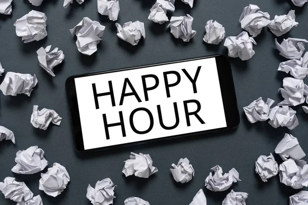 Text Caption Presenting Happy Hour Business Overview Spending Time Activities — 图库照片