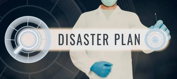Text caption presenting Disaster Plan, Business approach Respond to Emergency Preparedness Survival and First Aid Kit Doctor With Pen Pointing On Search Bar Showing Research And Development.
