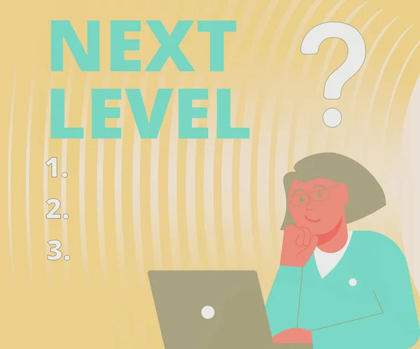 Conceptual display Next Level, Business approach having more than one floor and referring to after current Lady Drawing Brainstorming New Solutions Surrounded With Question Marks