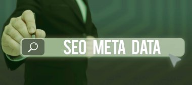 Conceptual caption Seo Meta Data, Word for Search Engine Optimization Online marketing strategy Man Holding A Tablet Projecting A Camera Showing Creative Photography.