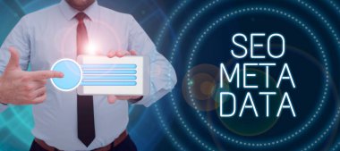 Text sign showing Seo Meta Data, Business overview Search Engine Optimization Online marketing strategy Man Presenting Data Over Digitally Generated Bar Graph On Smartphone.