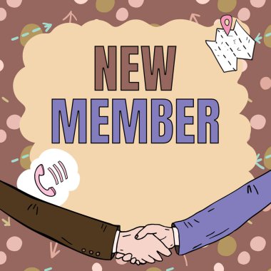 Hand writing sign New Member, Business overview recruiting employee to company or team Birth of fresh child Empty frame decorated with communication symbols represent business meeting