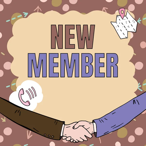Hand writing sign New Member, Business overview recruiting employee to company or team Birth of fresh child Empty frame decorated with communication symbols represent business meeting