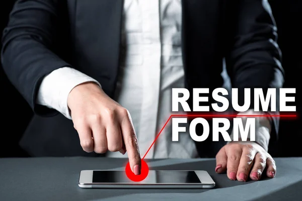 Sign displaying Resume Form, Business showcase describe the layout elements appearing in written document Businesswoman Having Tablet On Desk And Pointing On It With One Finger.