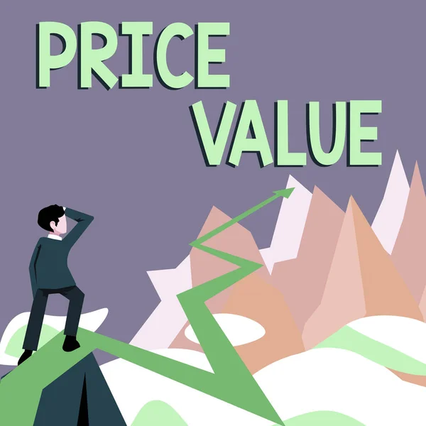 Sign displaying Price Value, Business concept strategy which sets cost primarily but not exclusively Man watching horizon arrow pointing symbolizing future project success.