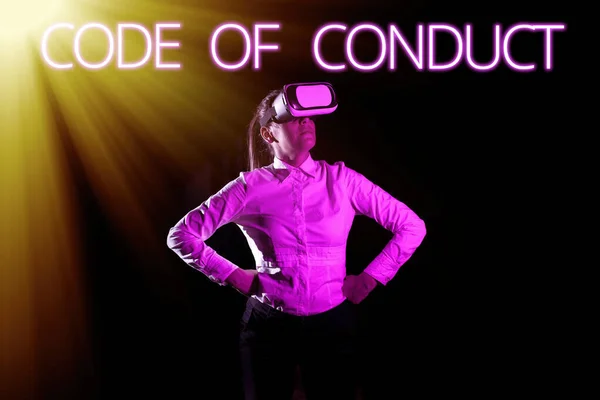 Conceptual display Code Of Conduct, Business overview Ethics rules moral codes ethical principles values respect Woman Taking Professional Training Through Virtual Reality Headset.