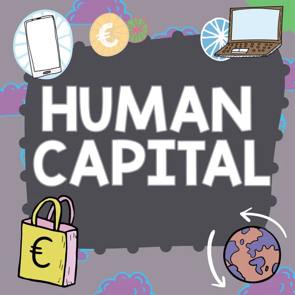 Sign displaying Human Capital, Concept meaning Intangible Collective Resources Competence Capital Education Important Message Presented In Frame With Lap Top, Mobile Phone And Earth.