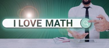 Conceptual caption I Love Math, Concept meaning To like a lot doing calculations mathematics number geek person Man Holding A Tablet Projecting A Camera Showing Creative Photography.