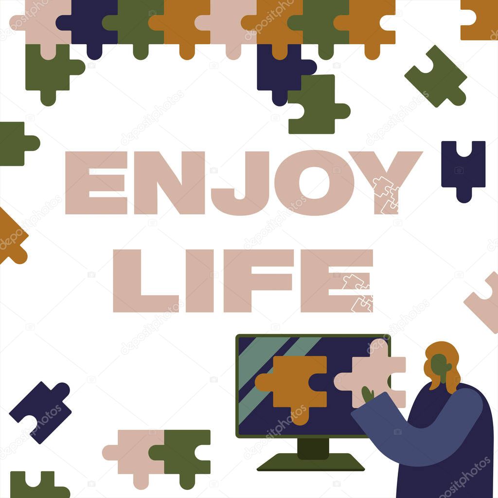 Handwriting text Enjoy Life, Concept meaning Any thing, place,food or person, that makes you relax and happy Lady Holding Puzzle Piece Representing Innovative Problem Solving Ideas.