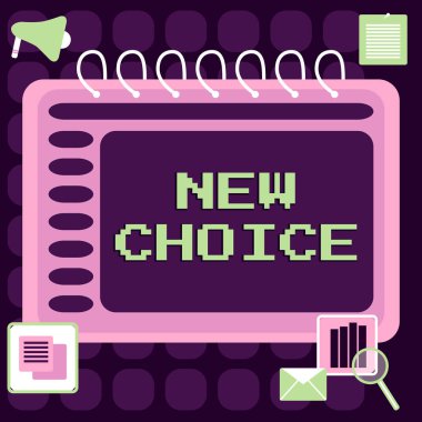 Writing displaying text New Choice, Business approach having lot of options and adding another one to choose between Blank Open Spiral Notebook With A Calculator And A Pen On Table.