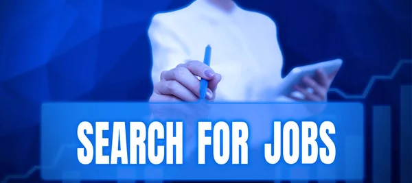 Hand Writing Sign Search Jobs Word Unemployed Looking New Opportunities — Stock Photo, Image