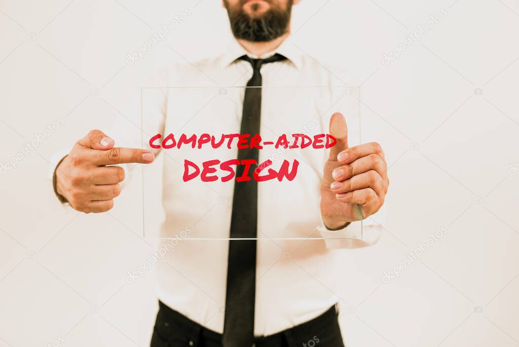 Text sign showing Computer Aided Design, Word Written on CAD industrial designing by using electronic devices Man Holding Tablet And Pen Which Points On Sign And Presenting New Ideas.