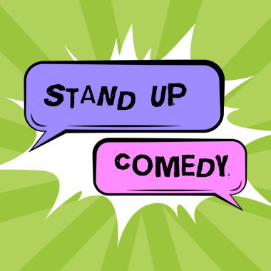 Stand-Up Komedi, İş Yaklaşma Komedyeni canlı seyirci önünde konuşan takım elbiseli bayan elinde kalem tutarak başarılı takım çalışmalarını simgeliyor..
