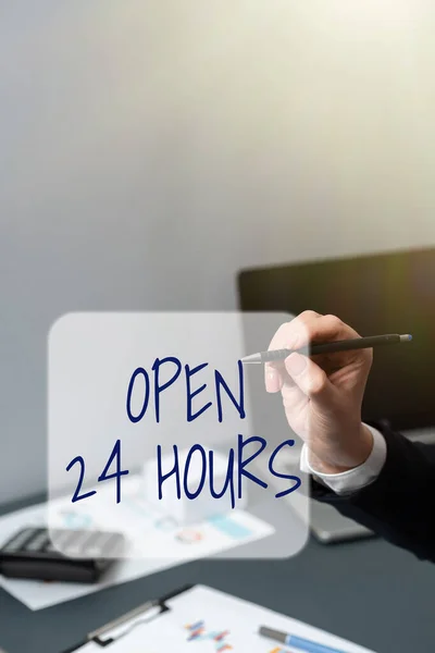 Handwriting text Open 24 Hours, Business concept Working all day everyday business store always operating Businessman Wearing Headset And Enjoying Virtual Reality Simulator.