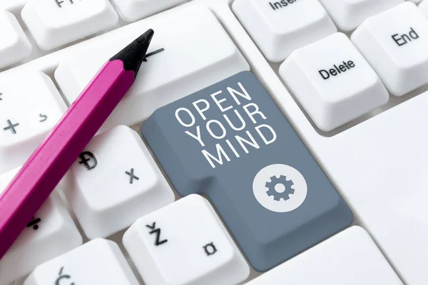 Textschild Mit Der Aufschrift Open Your Mind Business Overview Sei — Stockfoto