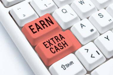 Earn Extra Cash 'i gösteren bir tabela, Ekstra Para Kazanma Sözcüğü Daha Fazla Gelir Geliri Kazanma primi Kazanan İş kadını Önemli Bilgileri Tek Parmakla İşletme.