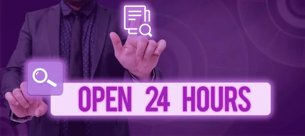 Hand writing sign Open 24 Hours, Concept meaning Working all day everyday business store always operating Speech Bubble With Important Information Placed In Front Of Net.