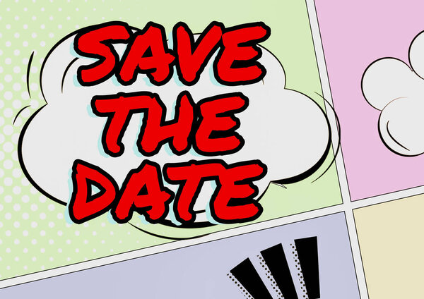 Знак Сохранить дату, бизнес-подход Систематизированные мероприятия Планируемая деятельность Записанная женщина держит планшет с новыми обновлениями на панели презентаций.