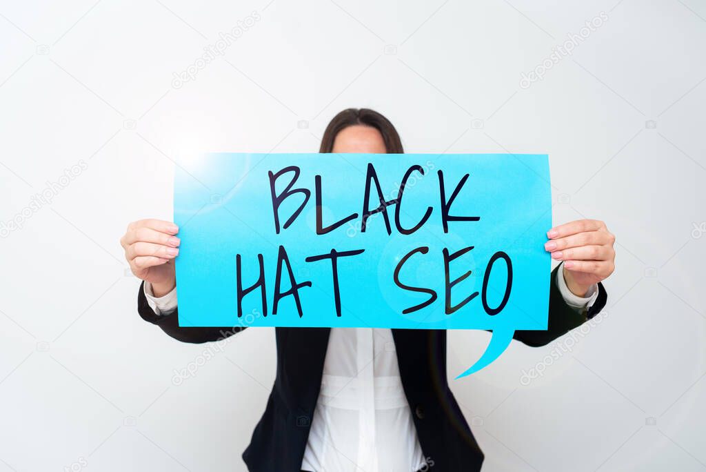 Text caption presenting Black Hat Seo, Business idea Search Engine Optimization using techniques to cheat browsers Important Messages Presented On Piece Of Paper On Desk With Books.