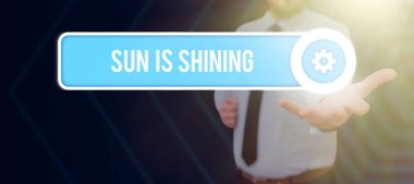 Hand writing sign Sun Is Shining, Internet Concept Beautiful sunshine Enjoying hot summer days Natural landscape Buisnesswoman Holding Sticky Note With Important Message Over Lap Top.