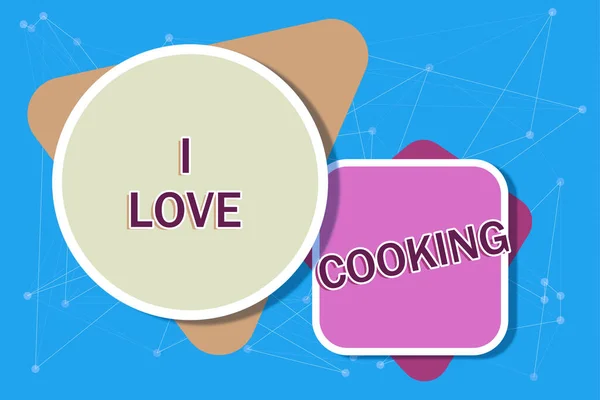 写一篇展示我爱烹饪的文章 喜欢烹饪的互联网概念 喜欢烹饪艺术 准备食物和甜点 女人拿着有动力按钮的桌子 收到重要的数据 — 图库照片