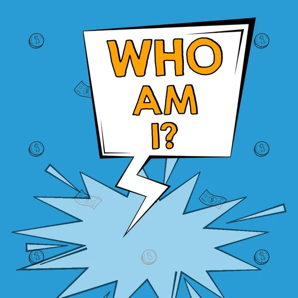 Hand writing sign Who Am I, Concept meaning Introduce Identify yourself personality likes dislikes profile