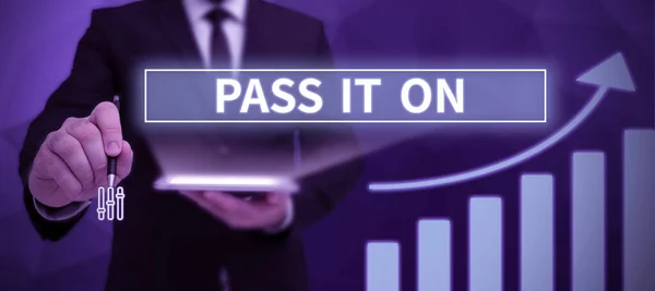 Hand writing sign Pass It On, Business concept Share something with others Spread the word sharing talking Oval And Square Speech Bubbles Showing Discussing Of Ideas And Strategies.
