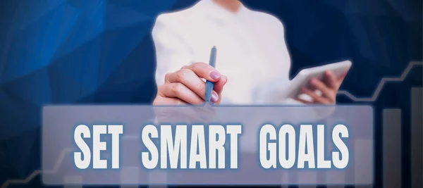 Sign displaying Set Smart Goals, Business showcase Establish achievable objectives Make good business plans Businessman Holding Mobile Phone With Important Messages And Pointing On It