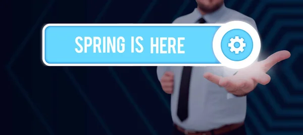 Hand Writing Sign Spring Here Business Showcase Winter Season Has — Φωτογραφία Αρχείου