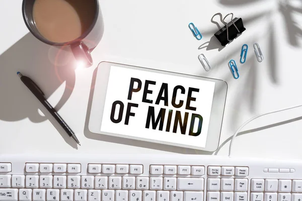 Handwriting text Peace Of Mind, Business concept To be peaceful happy with things you have done and accomplish Colleagues Sharing Thoughts Together With Speech Bubbles And Assorted S
