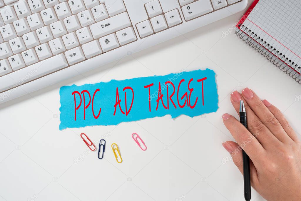 Handwriting text Ppc Ad Target, Business concept Pay per click advertising marketing strategies online campaign Two colleagues shaking hands congratulating successful teamwork.