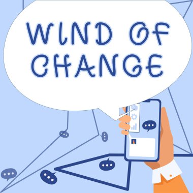 Değişiklik Rüzgarı 'nı gösteren metin işareti, Değişen Zamanda Yazılan Sözcük işleri farklı bir şekilde yapan İşadamı Dijital Grafikli Ampulü Tutarken Yeni Fikirler Sunar.