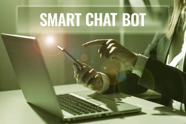 Hand writing sign Smart Chat Bot, Conceptual photo Artificial intelligence chatting with machines robots Businessman Pointing Important Informations With Pen In Hand.