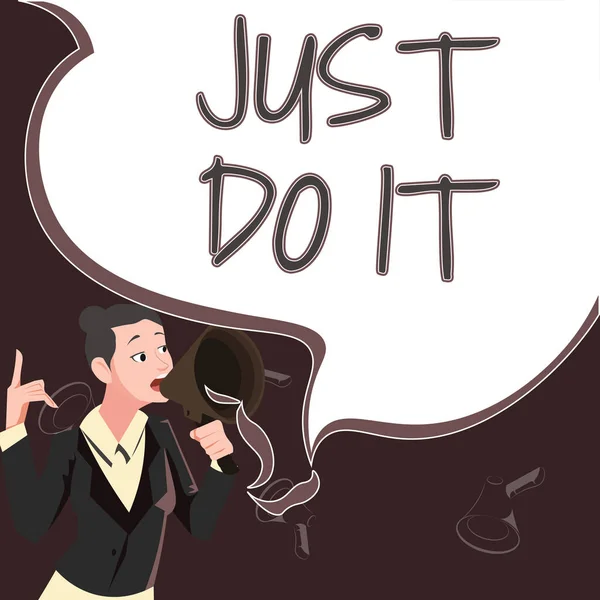 Text sign showing Just Do It, Word Written on Motivation for starting doing something Have discipline Businesswoman Writing Important Message On Notebook With Marker On Desk.