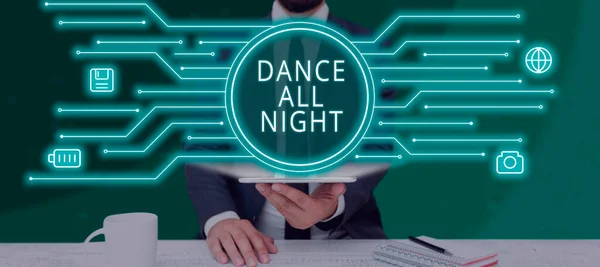 Text sign showing Dance All Night, Business idea Party for the whole day excited enjoying on a disco Frame With Leaves And Flowers Around And Important Announcements Inside.