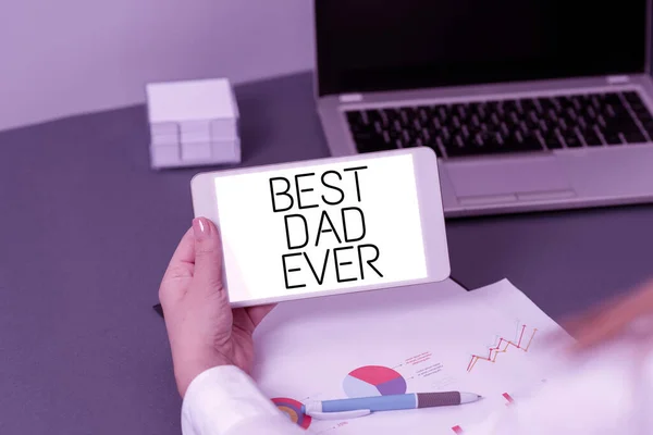 Conceptual caption Best Dad Ever, Business concept Appreciation for your father love feelings compliment Three Business People Presenting Important Informations In Frame.