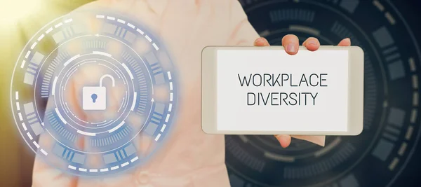 Text caption presenting Workplace Diversity, Word Written on Different race gender age sexual orientation of workers Businessman Pointing At Glass And Showing New Ideas To Achieve Goals.