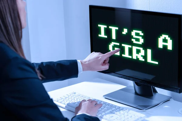 Textschild Das Girl Zeigt Geschäftsvitrine Erwartung Eines Babys Niedlichen Pastellfarben — Stockfoto